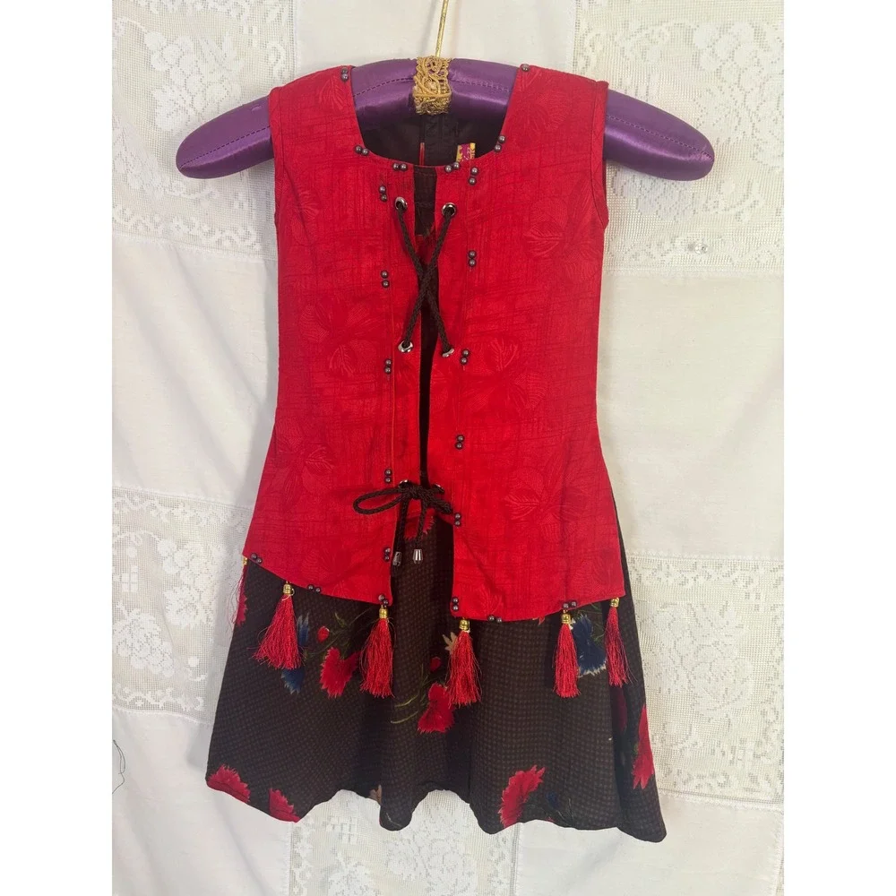 Little Girl's Vintage Red+Brown Folk‎ Dress